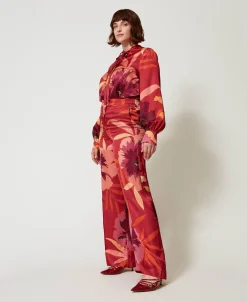 Pantaloni Wide Leg In Raso A Fiori