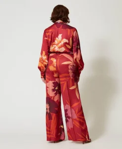 Pantaloni Wide Leg In Raso A Fiori