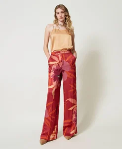 Pantaloni Wide Leg In Raso A Fiori