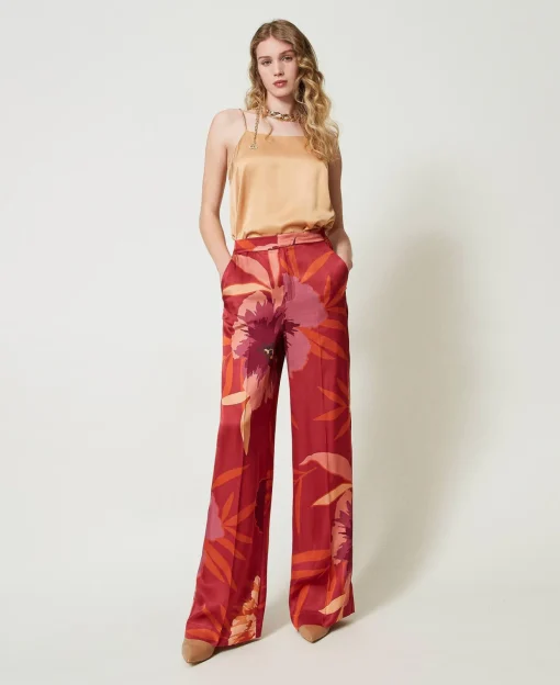 Pantaloni Wide Leg In Raso A Fiori