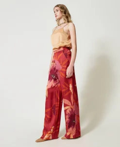Pantaloni Wide Leg In Raso A Fiori