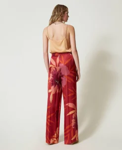 Pantaloni Wide Leg In Raso A Fiori