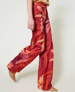 Pantaloni Wide Leg In Raso A Fiori