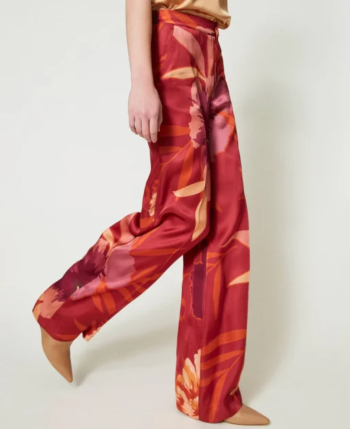 Pantaloni Wide Leg In Raso A Fiori