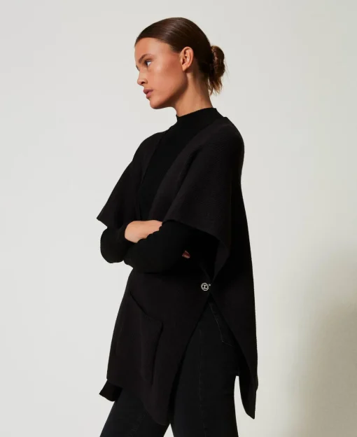 Poncho In Maglia Con Ricamo Logo