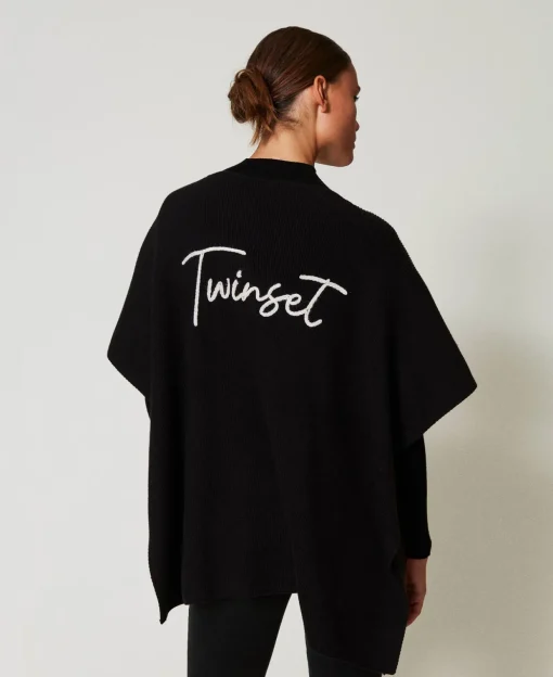 Poncho In Maglia Con Ricamo Logo