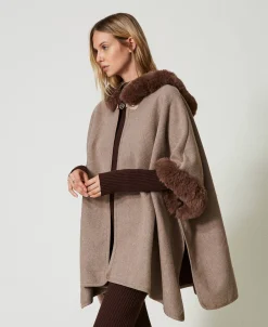 Poncho In Panno E Faux Fur