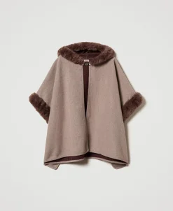 Poncho In Panno E Faux Fur