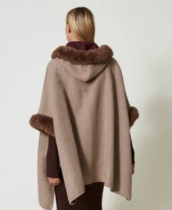 Poncho In Panno E Faux Fur