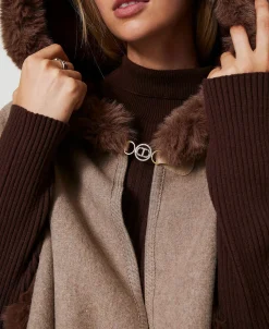 Poncho In Panno E Faux Fur