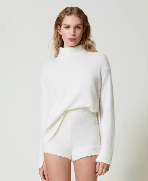 Shorts In Maglia Misto Angora Con Perle