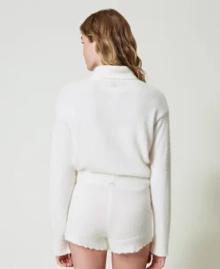Shorts In Maglia Misto Angora Con Perle