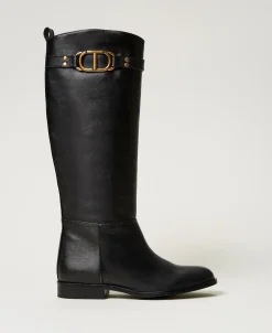 Stivali Alti In Pelle Con Oval T