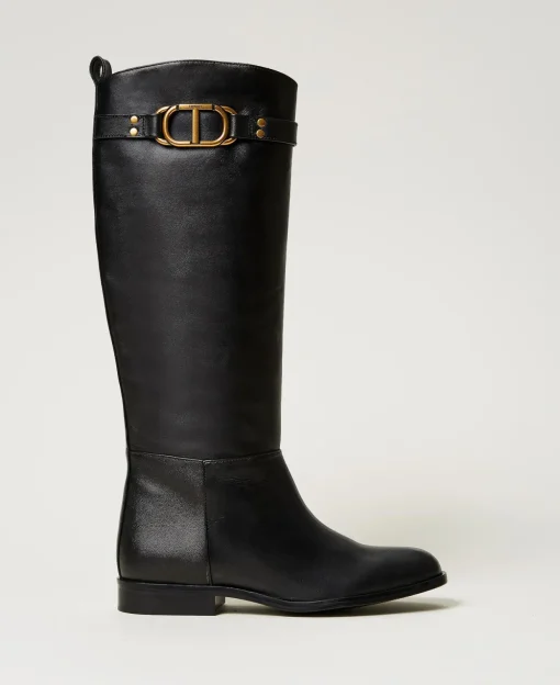 Stivali Alti In Pelle Con Oval T