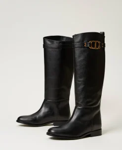 Stivali Alti In Pelle Con Oval T