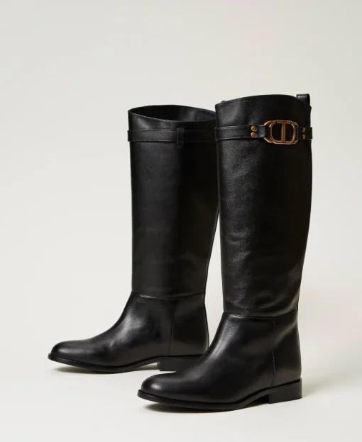 Stivali Alti In Pelle Con Oval T