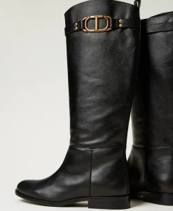 Stivali Alti In Pelle Con Oval T