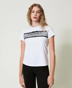 T-shirt Con Balza In Tulle E Ricamo Logo