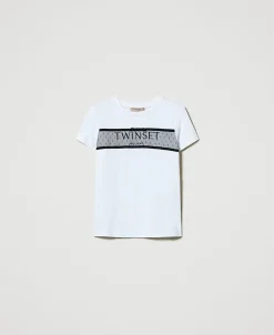 T-shirt Con Balza In Tulle E Ricamo Logo