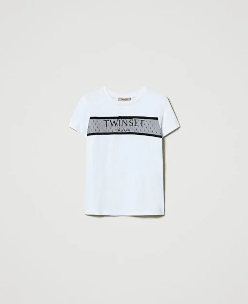 T-shirt Con Balza In Tulle E Ricamo Logo