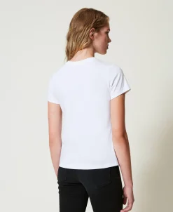 T-shirt Con Balza In Tulle E Ricamo Logo