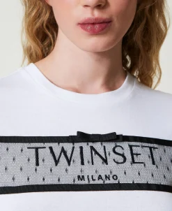 T-shirt Con Balza In Tulle E Ricamo Logo