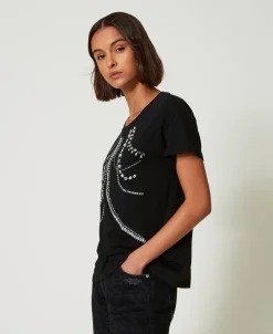 T-shirt Con Ricami E Perle