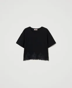 T-shirt Cropped Con Pizzo Macramè