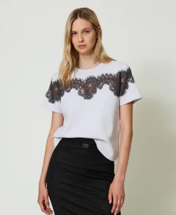 T-shirt Regular Con Pizzo Intarsiato
