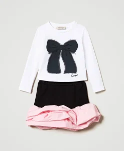 T-shirt Stampata E Gonna Con Balze
